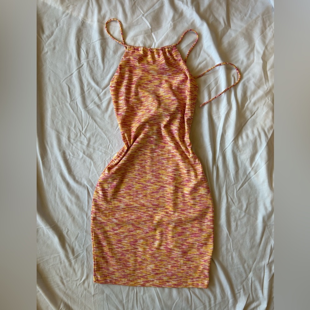 White fox  orange/pink knit dress